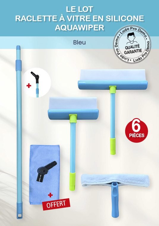 On voit le lot 6 pièces aquawiper du site ludoprodemo.com Élimine l’eau en un passage pour des surfaces sèches et sans traces. Finition impeccable. Séchage Instantané Ergonomie et Confort Manche ajustable et tête pivotante pour un nettoyage sans effort. Barre télescopique extensible de 80 cm à 140 cm pour atteindre les surfaces en hauteur. Propreté Parfaite Optimise le temps de nettoyage laissant des vitres impeccables. Petite raclette