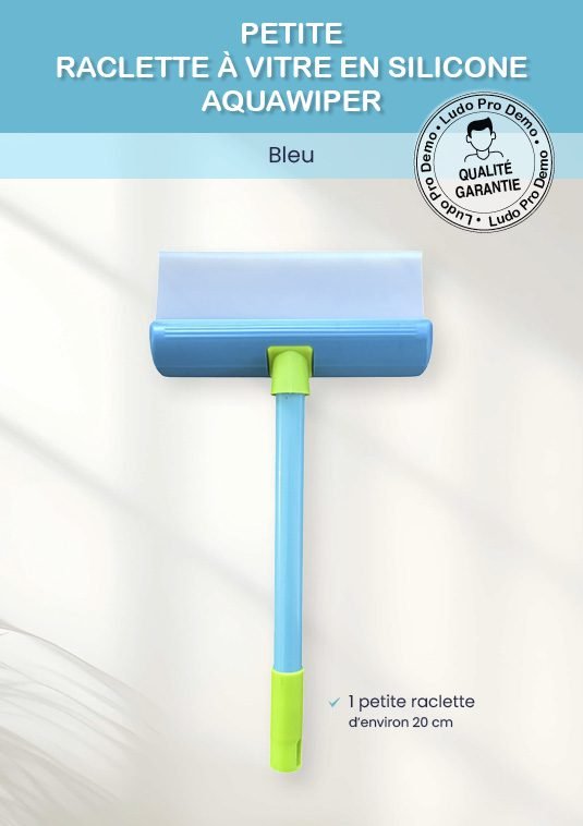 On voit le produit raclette à vitre en silicone aquawiper du site ludoprodemo.com Élimine l’eau en un passage pour des surfaces sèches et sans traces. Finition impeccable. Séchage Instantané Ergonomie et Confort Manche ajustable et tête pivotante pour un nettoyage sans effort. Barre télescopique extensible de 80 cm à 140 cm pour atteindre les surfaces en hauteur. Propreté Parfaite Optimise le temps de nettoyage laissant des vitres impeccables. Petite raclette