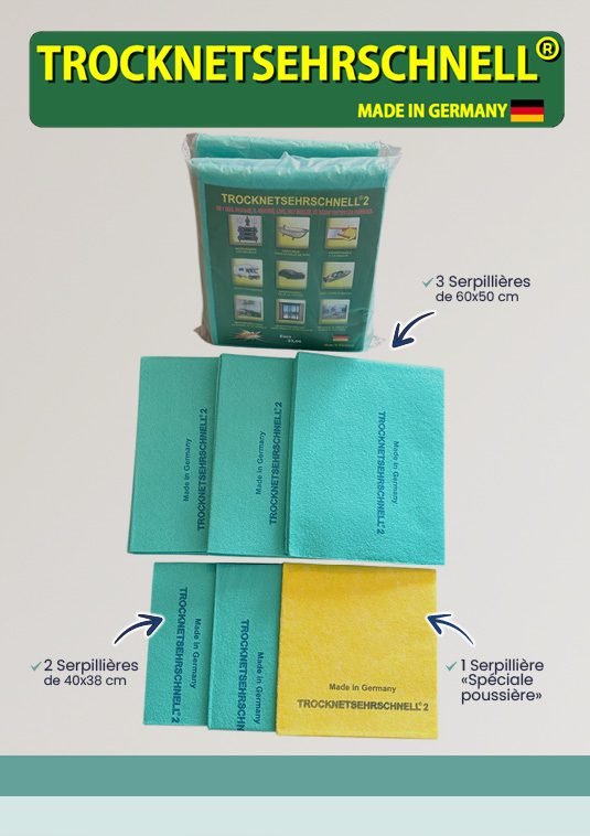 Image avec la serpillière allemande Trocknet sehrschnell Indispensable pour la voiture Remarquable pour la cuisine et la vaisselle Génial en camping Astucieux dans la salle de bain Lave et fait briller sans trace ni peluche Dépouissière les meuble Ne laisse ni trace ni aureole sur l’inox Idéal pour le bateau Indispensable à la maison Résistant aux détergents Lavable EN Machine Elle retient jusqu’à cinq fois son poids en liquide sans laisser la moindre fuite. Usage multiple