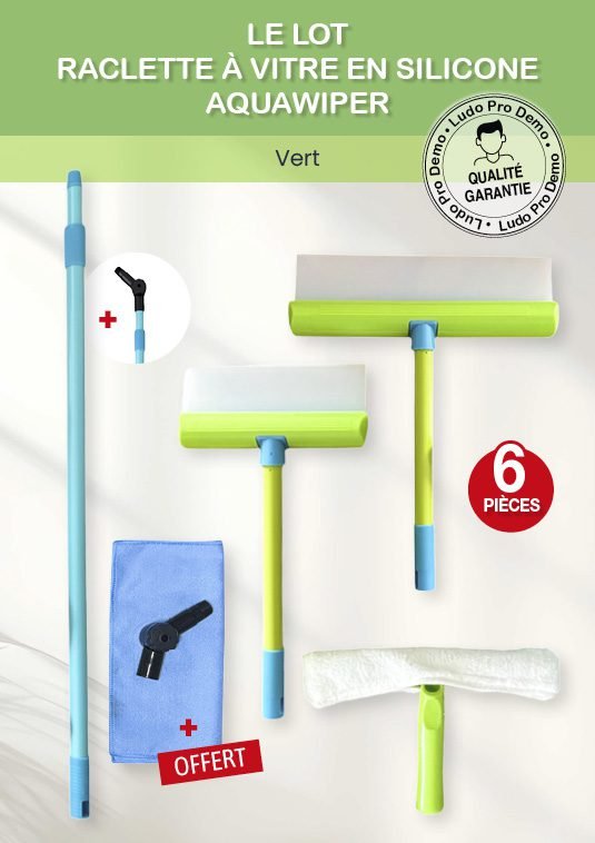 On voit le lot 6 pièces aquawiper du site ludoprodemo.com Élimine l’eau en un passage pour des surfaces sèches et sans traces. Finition impeccable. Séchage Instantané Ergonomie et Confort Manche ajustable et tête pivotante pour un nettoyage sans effort. Barre télescopique extensible de 80 cm à 140 cm pour atteindre les surfaces en hauteur. Propreté Parfaite Optimise le temps de nettoyage laissant des vitres impeccables. Couleur Vert