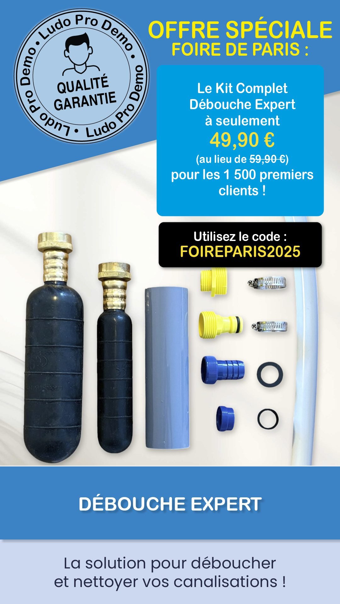 On montre le KIT débouche expert, La solution pour déboucher et nettoyer vos canalisations ! Évitez les plombiers coûteux, les camions déboucheurs, les produits chimiques et les outils complexes grâce à Débouche Expert : une solution simple, rapide et économique !