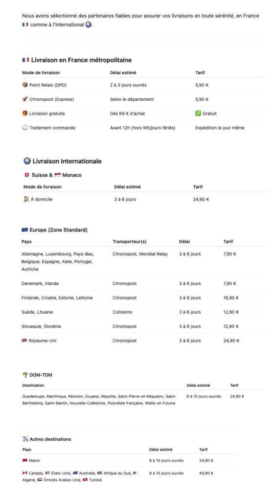 Site ludoprodemo.com LIVRAISON Nous avons sélectionné des partenaires fiables pour assurer vos livraisons en toute sérénité, en France ð«ð· comme à l’international ð. ð«ð· Livraison en France métropolitaine ð¦ Point Relais (DPD) ⏱️ 2 à 3 jours ouvrés ð¶ 5,90 € ð Chronopost (Express) ⏱️ Selon votre département ð¶ 5,90 € ð Livraison gratuite ⏱️ Dès 69 € d’achat ð¶ ✅ ð Traitement de commande ⏱️ Avant 12h (hors WE/jours fériés) ð¶ Le jour même ð Livraison Internationale ð¨ð­ Suisse & ð²ð¨ Monaco ð  À domicile ⏱️ 3 à 6 jours ð¶ 24,90 € ðªðº Europe (Zone Standard) Allemagne, Luxembourg, Pays-Bas, Belgique, Espagne, Italie, Portugal, Autriche Transporteurs : Chronopost, Mondial Relay ⏱️ 3 à 6 jours ð¶ 7,90 € Danemark, Irlande Transporteur : Chronopost ⏱️ 3 à 6 jours ð¶ 7,90 € Finlande, Croatie, Estonie, Lettonie Transporteur : Chronopost ⏱️ 3 à 6 jours ð¶ 16,90 € Suède, Lituanie Transporteur : Colissimo ⏱️ 3 à 6 jours ð¶ 12,90 € Slovaquie, Slovénie Transporteur : Chronopost ⏱️ 3 à 6 jours ð¶ 12,90 € Royaume-Uni ð¬ð§ Transporteur : Chronopost ⏱️ 3 à 6 jours ð¶ 24,90 € ð´ DOM-TOM Guadeloupe, Martinique, Réunion, Guyane, Mayotte, Saint-Pierre-et-Miquelon, Saint-Barthélemy, Saint-Martin, Nouvelle-Calédonie, Polynésie française, Wallis-et-Futuna ⏱️ 8 à 15 jours ouvrés ð¶ 24,90 € ✈️ Autres destinations Maroc ð²ð¦ ⏱️ 8 à 15 jours ouvrés ð¶ 24,90 € Canada ð¨ð¦, États-Unis ðºð¸, Australie ð¦ðº, Afrique du Sud ð¿ð¦, Algérie ð©ð¿, Émirats Arabes Unis ð¦ðª, Tunisie ð¹ð³ ⏱️ 8 à 15 jours ouvrés ð¶ 49,90 €