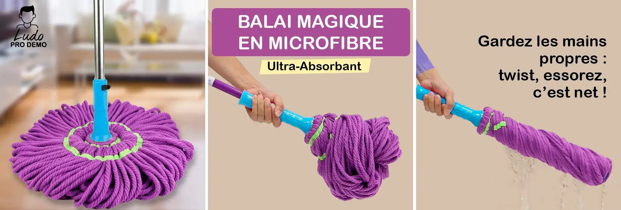 Balai Magique en Microfibre Ultra-Absorbant Gardez les mains propres : twist, essorez, c’est net !