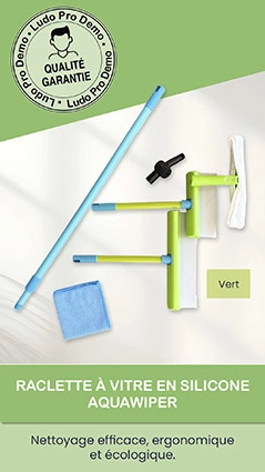 On voit le lot 6 pièces aquawiper du site ludoprodemo.com Élimine l’eau en un passage pour des surfaces sèches et sans traces. Finition impeccable. Séchage Instantané Ergonomie et Confort Manche ajustable et tête pivotante pour un nettoyage sans effort. Barre télescopique extensible de 80 cm à 140 cm pour atteindre les surfaces en hauteur. Propreté Parfaite Optimise le temps de nettoyage laissant des vitres impeccables. Couleur Vert